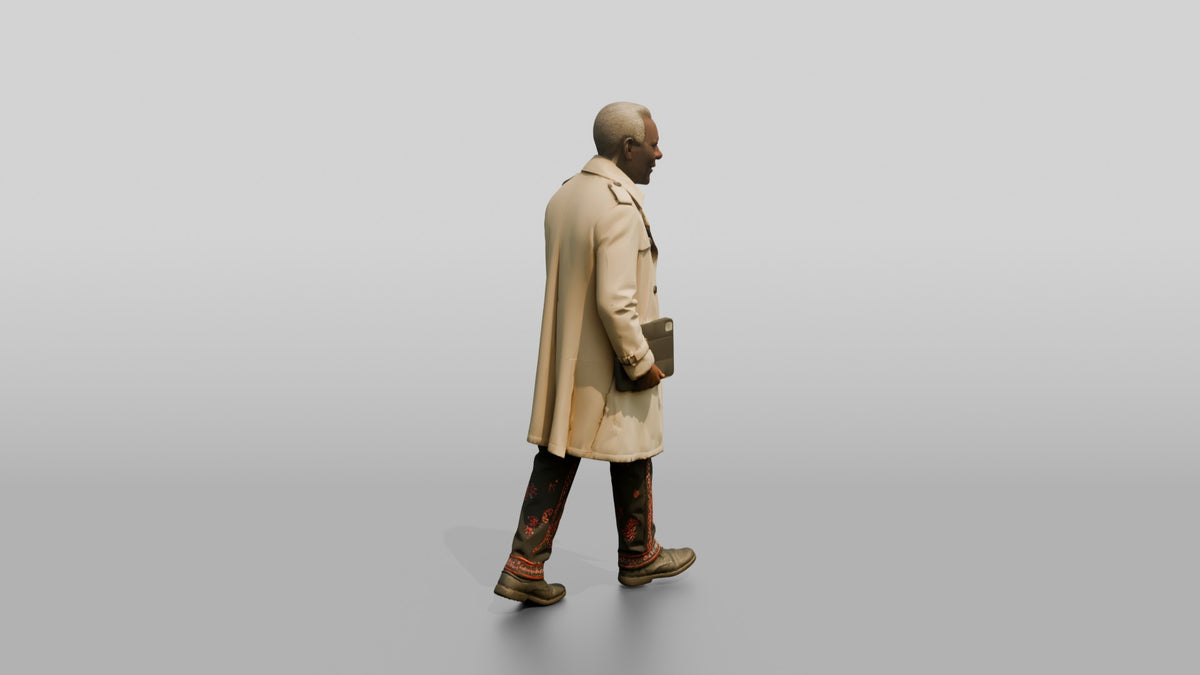 Elderly African Man in a Trench Coat Holding a Tablet - 3D character model, view 2