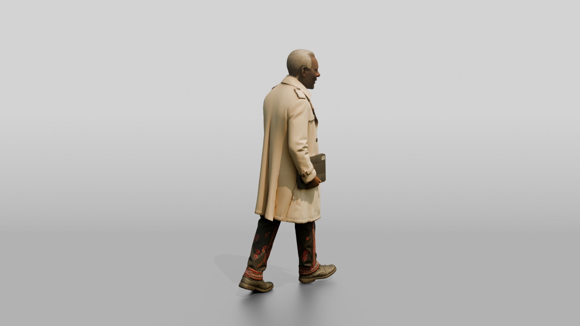 Elderly African Man in a Trench Coat Holding a Tablet