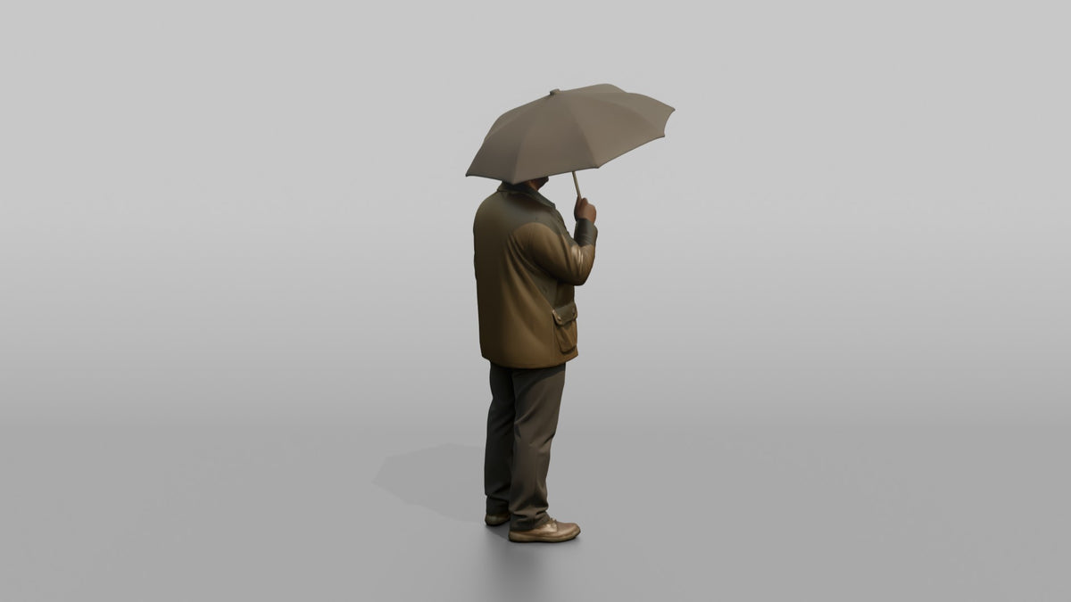 Father Holding An Umbrella Overhead, Looking Up At The Sky - 3D character model, view 3