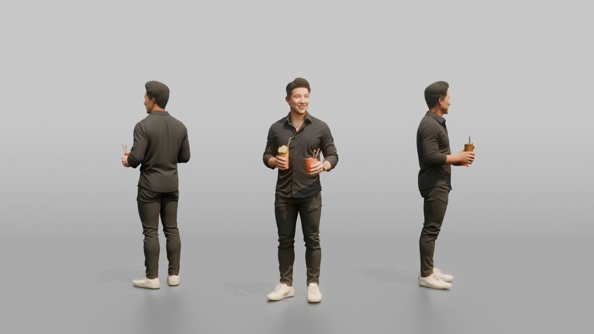Patron Man Holding Two Drinks, One In Each Hand - 3D character model, view 1