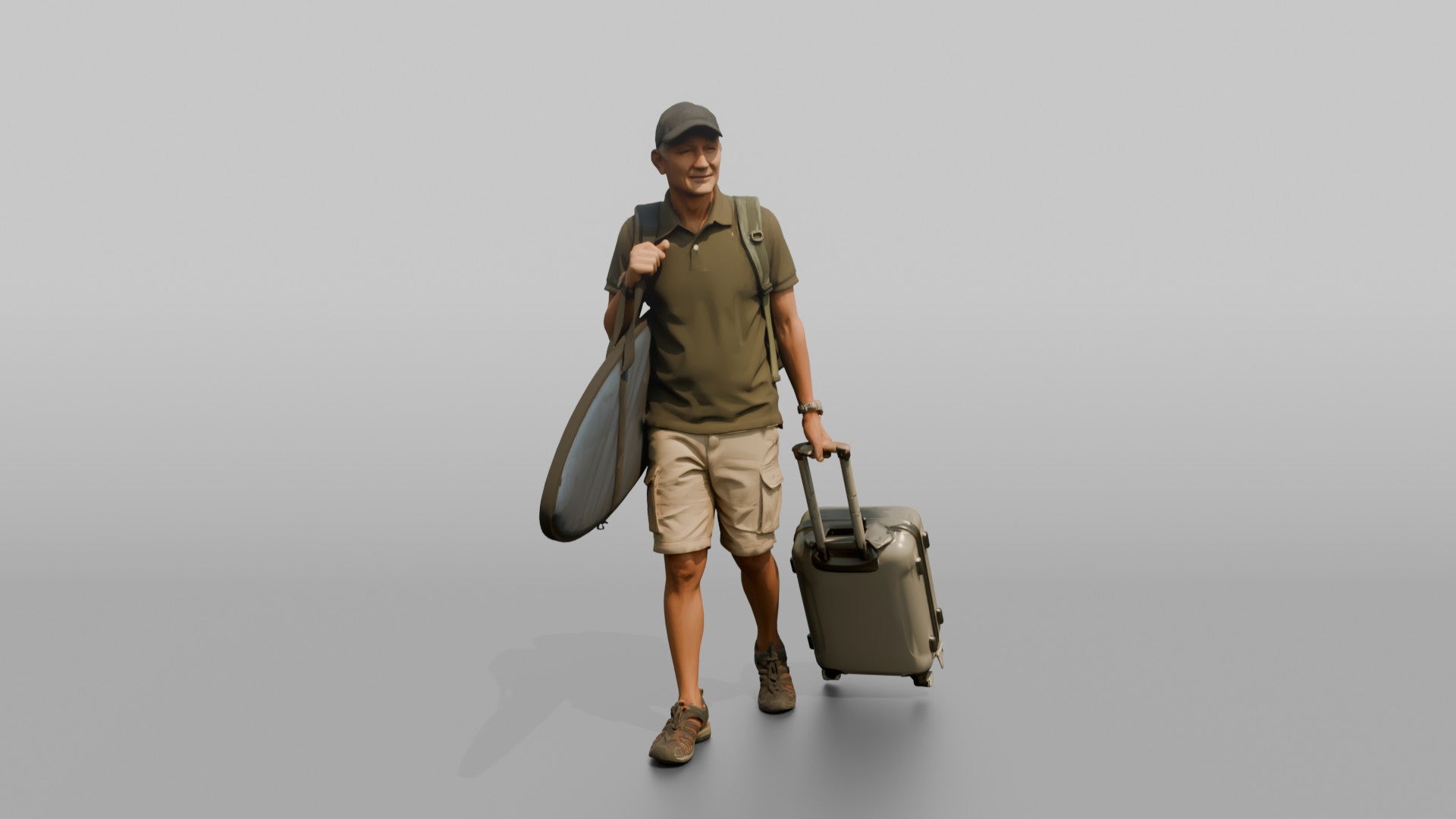 Traveler Carrying A Surfboard And Backpack