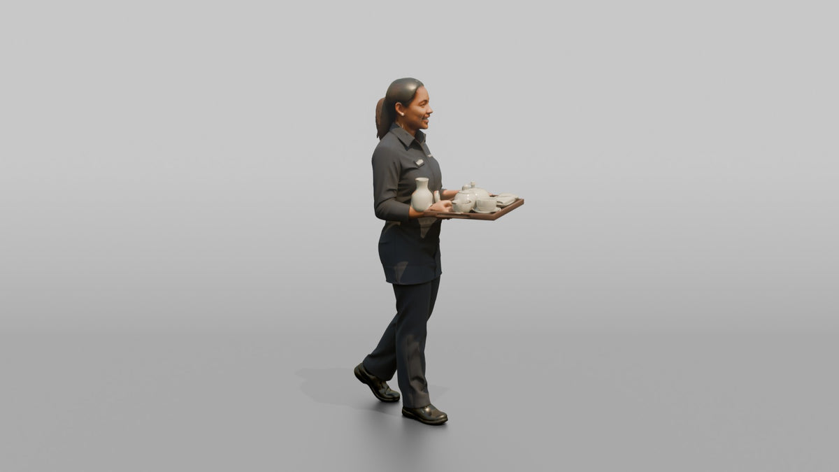 Housekeeping Staff Woman Carrying A Room Service Tray - 3D character model, view 2