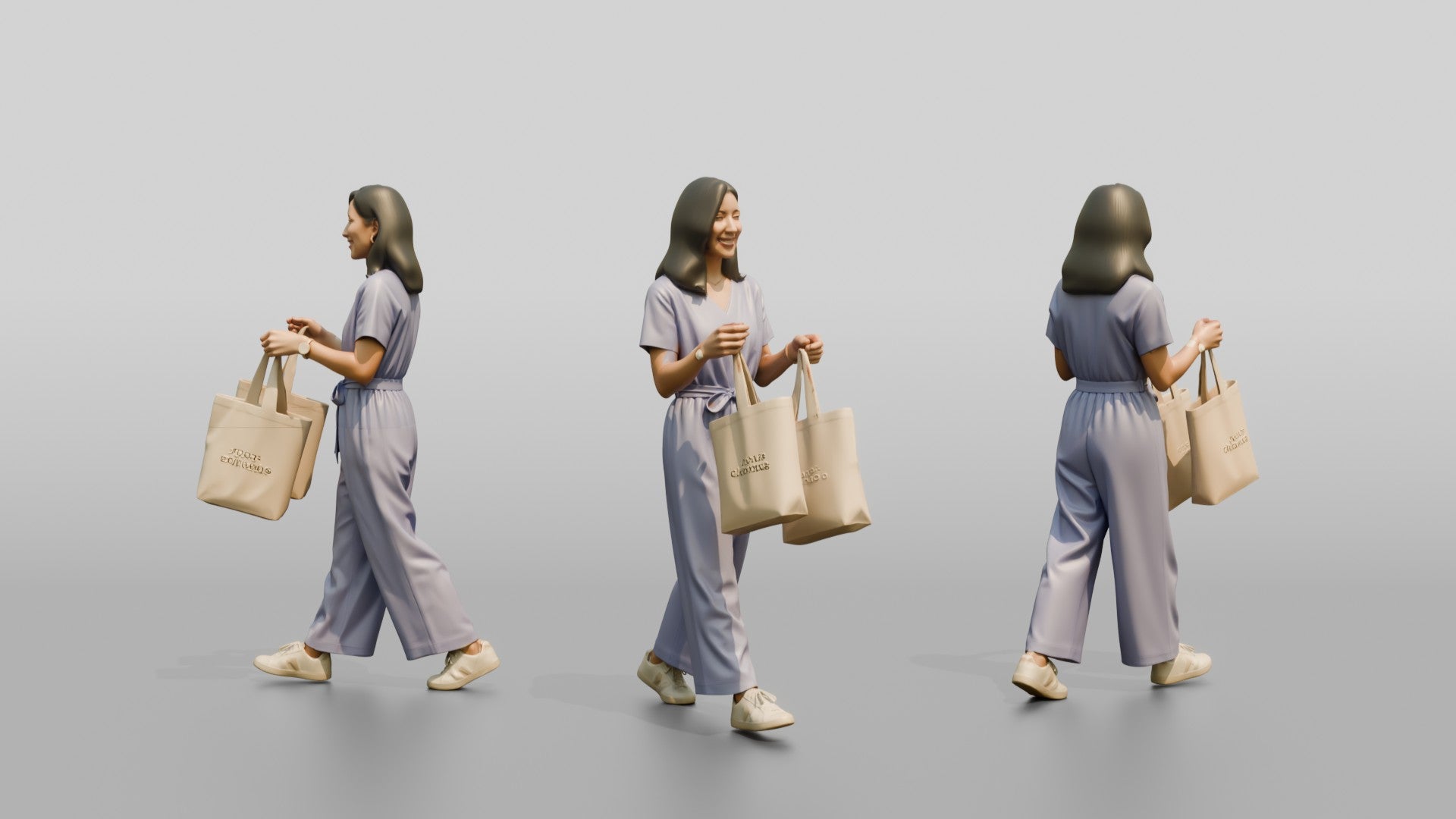 Woman Walking with Canvas Tote Bags