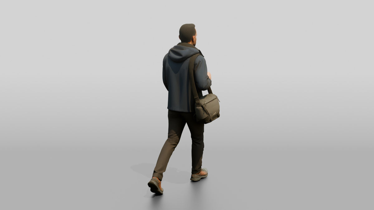 Middle Eastern Man Walking Briskly in Rain Jacket - 3D character model, view 3