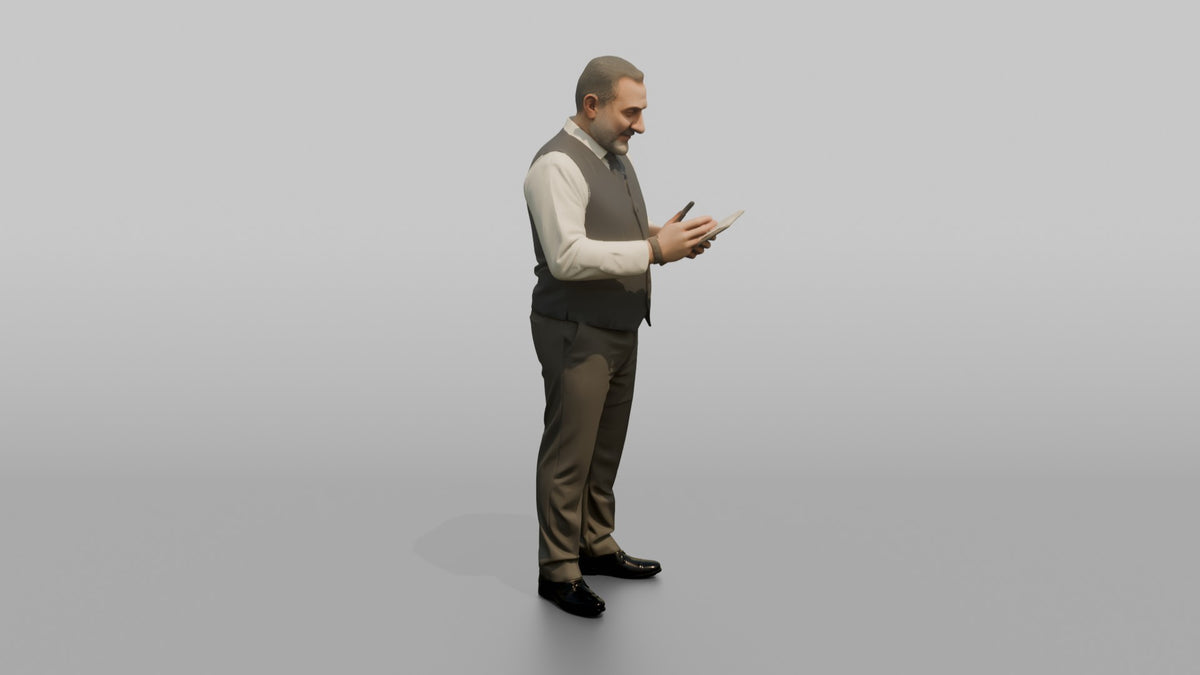Host Man Checking A Reservation List On A Clipboard - 3D character model, view 2