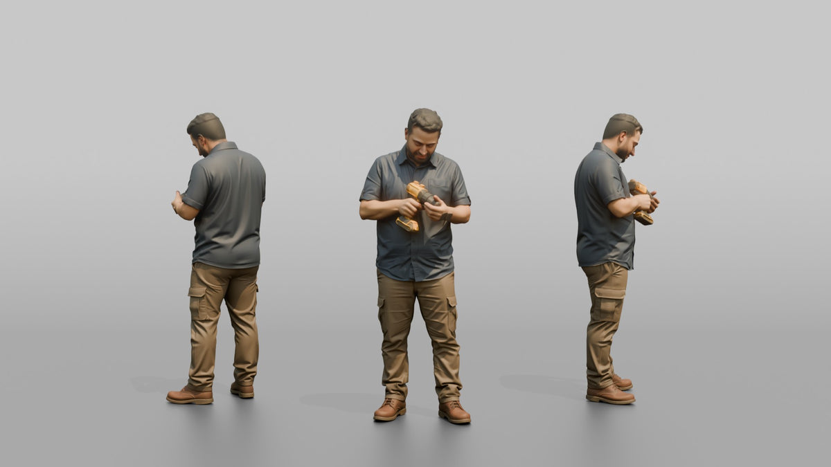 Father Holding A Power Drill, Examining It - 3D character model, view 1