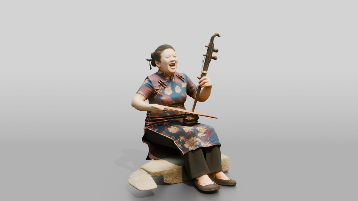 Chinese Woman in Qipao Playing Erhu - 3D character model, view 1