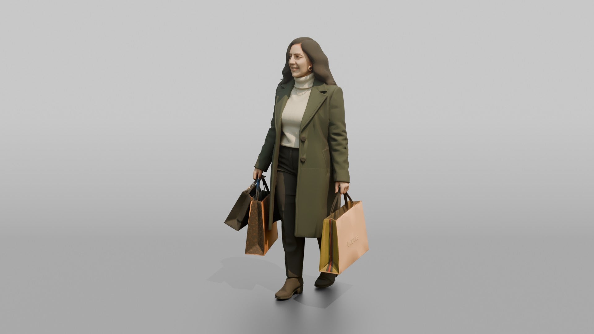 Woman in Green Wool Coat with Shopping Bags