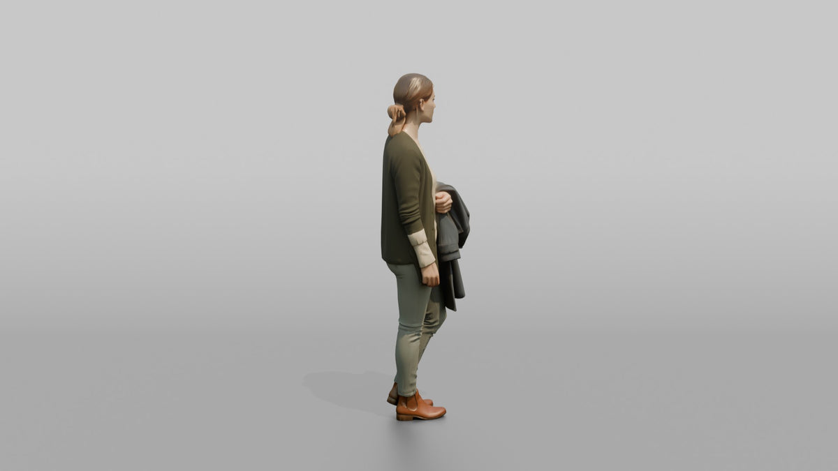 Woman Customer Holding A Coat Over One Arm While Browsing - 3D character model, view 2