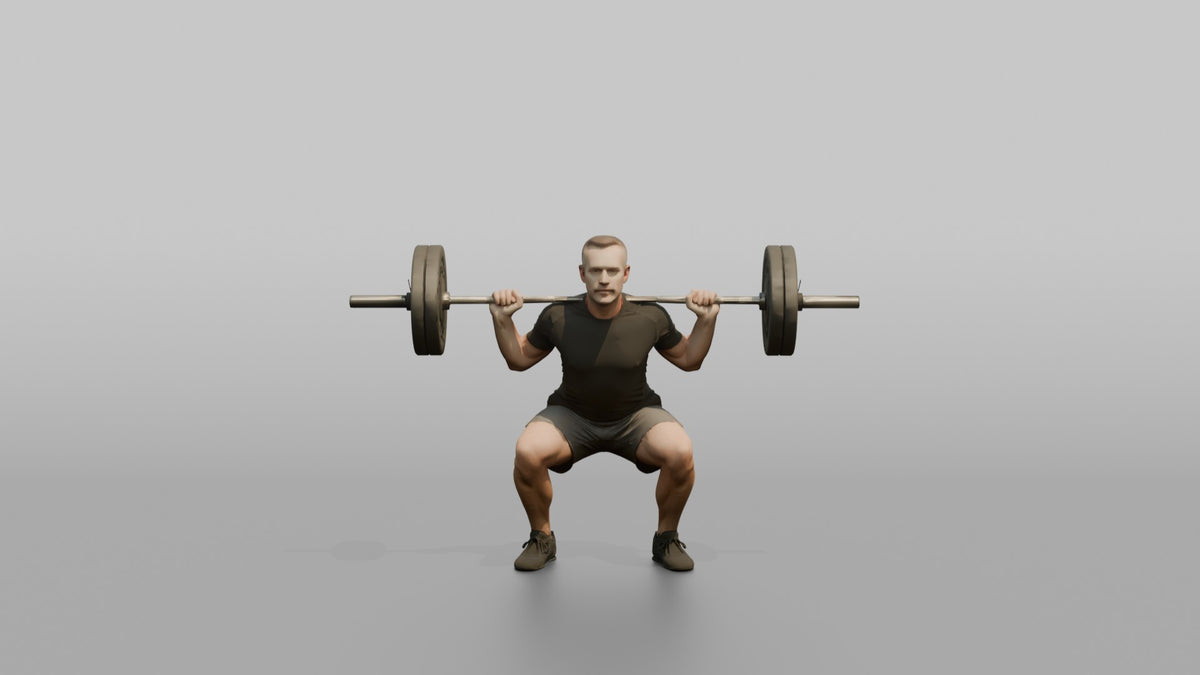 Weightlifter Man Holding A Barbell Across The Shoulders In A Squat Stance - 3D character model, view 5