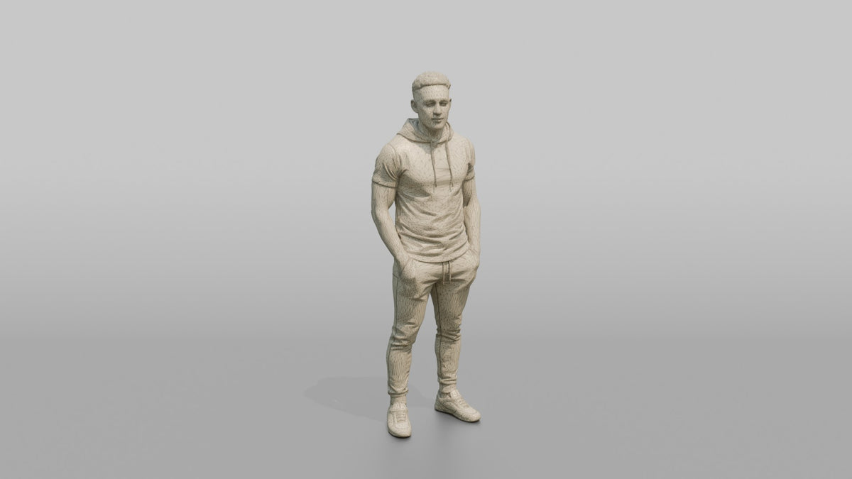 Fitness Influencer Man Standing With Hands In Pockets, Looking To The Side - wireframe topology preview