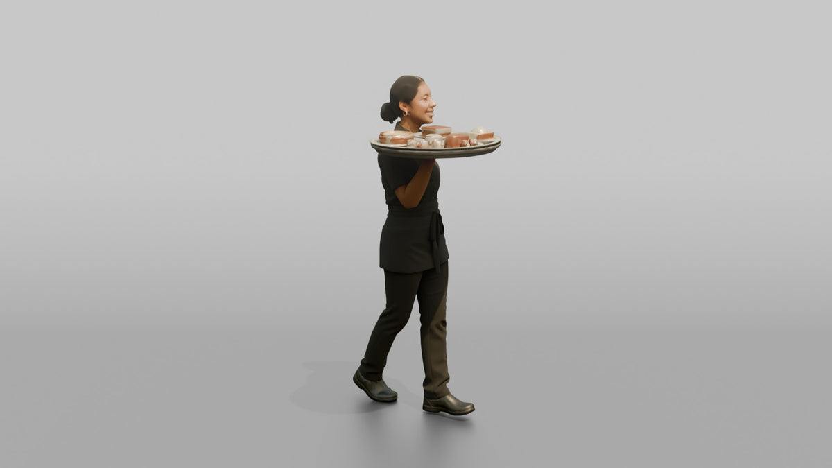 Server Woman Balancing A Tray With Dessert Plates - 3D character model, view 2