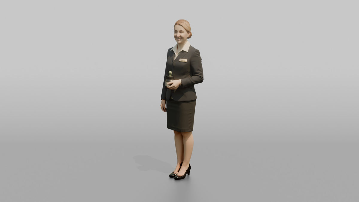 Receptionist Woman Holding A Small Vase Of Flowers - 3D character model, view 4