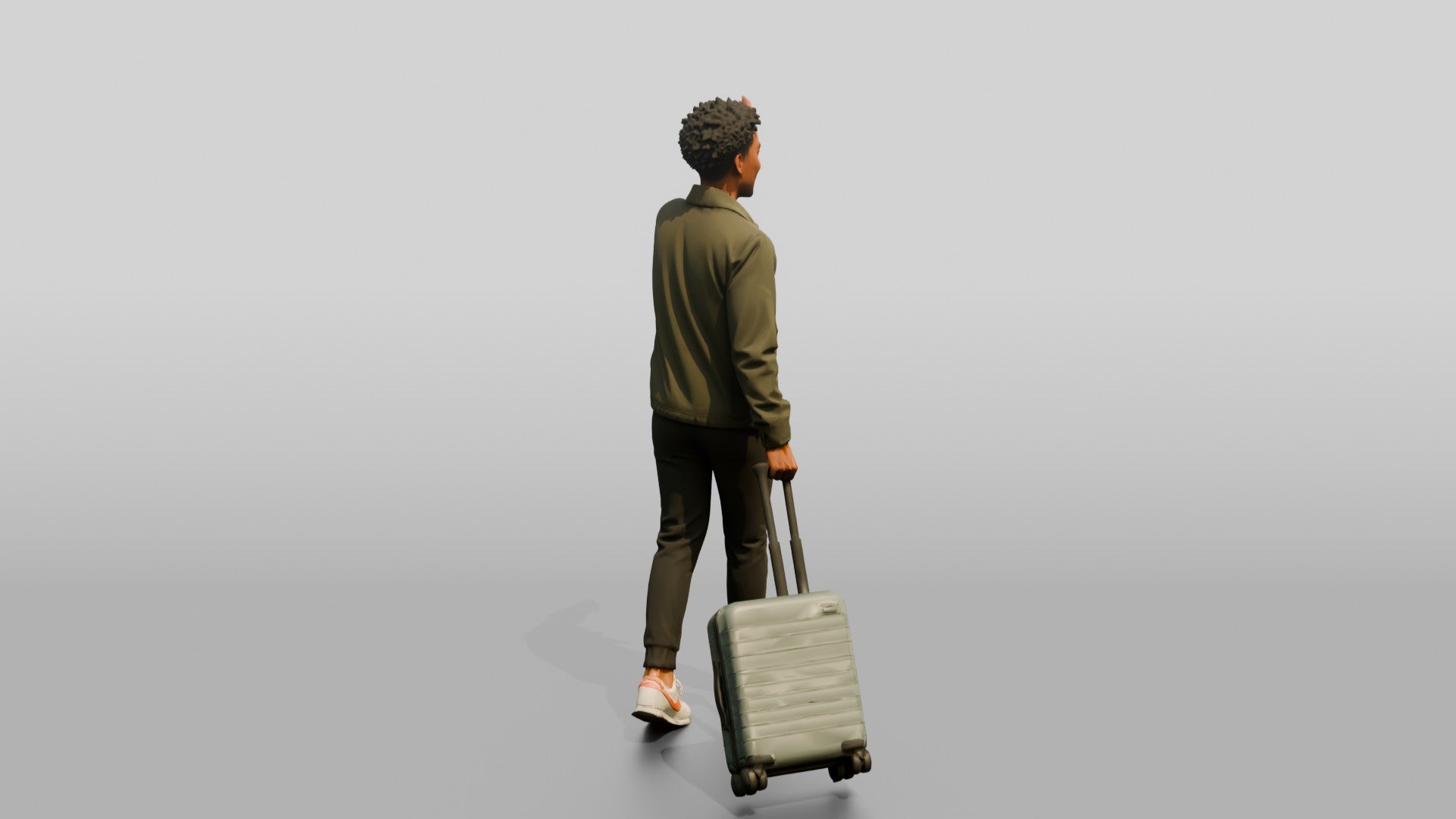 Young Black Man Waving and Smiling Pulling Rolling Suitcase