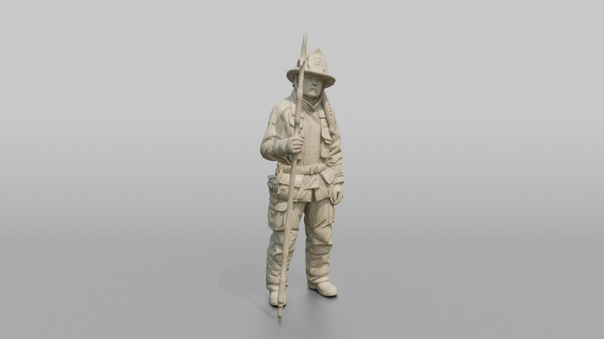 Firefighter Woman Scanning Overhead While Holding a Pike Pole - wireframe topology preview