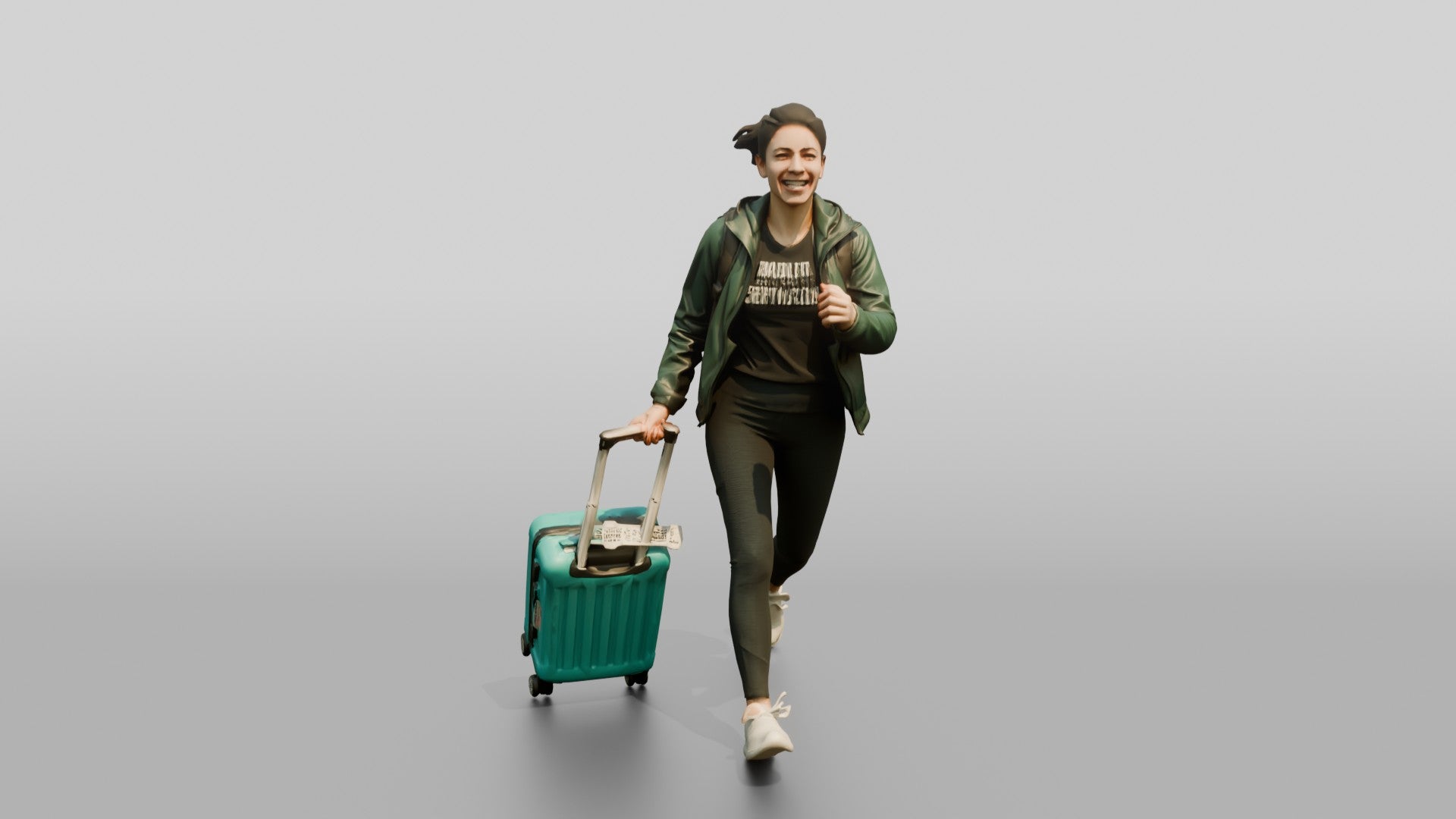 Woman Running Through Airport with Teal Suitcase and Backpack