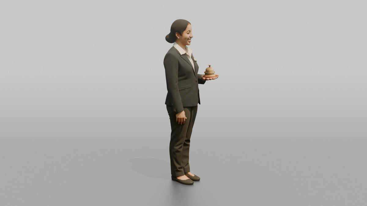 Receptionist Man Holding A Small Front-desk Bell - 3D character model, view 2