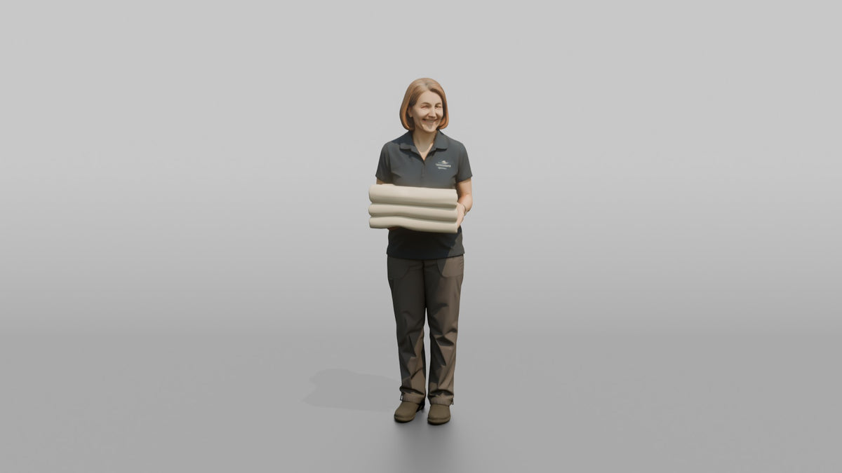Massage Therapist Woman Holding A Neatly Folded Stack Of Towels - 3D character model, view 5