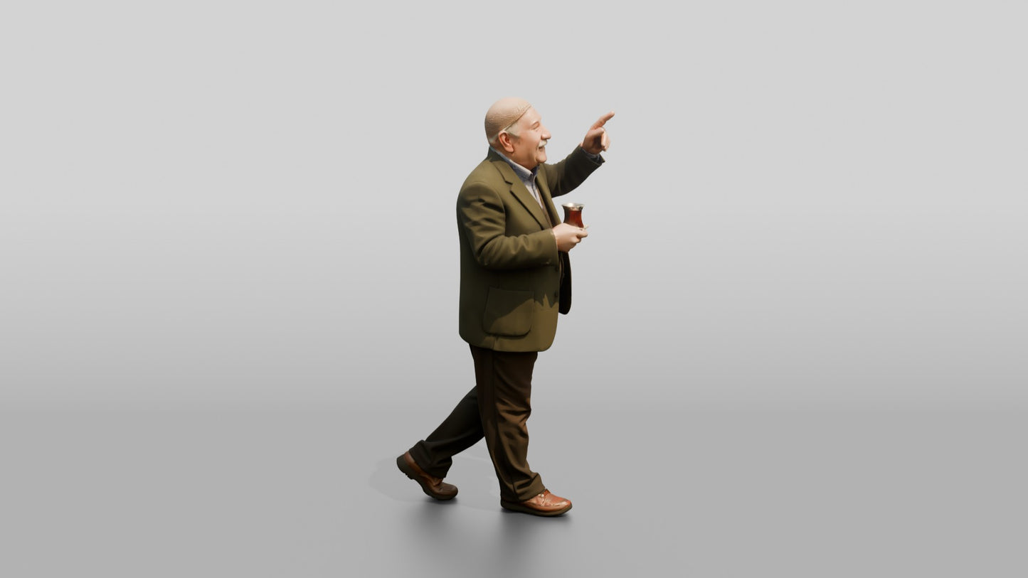 Elderly Man Pointing at Architecture with Tea