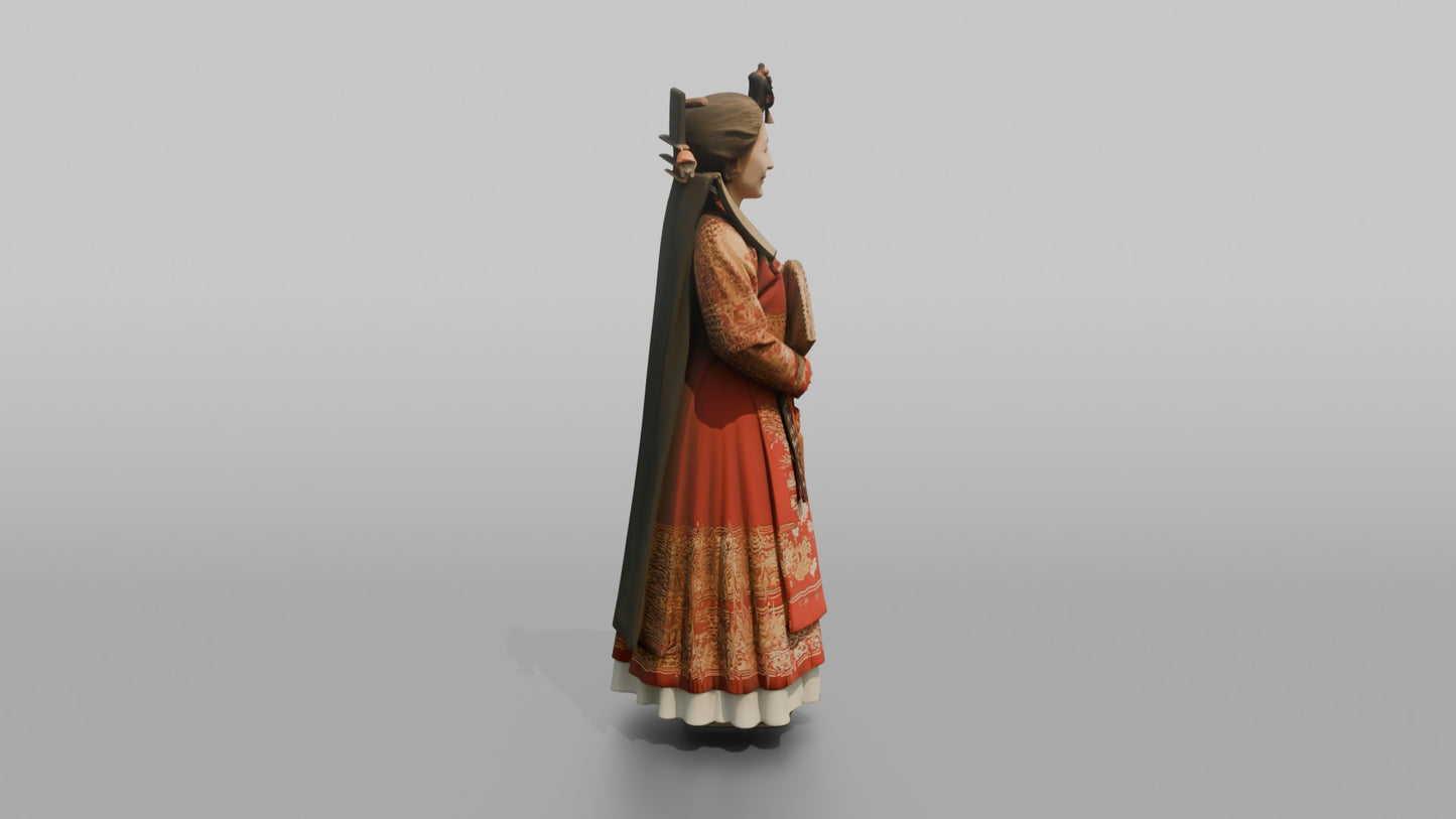 East Asian Bride in a Traditional Red Hanbok