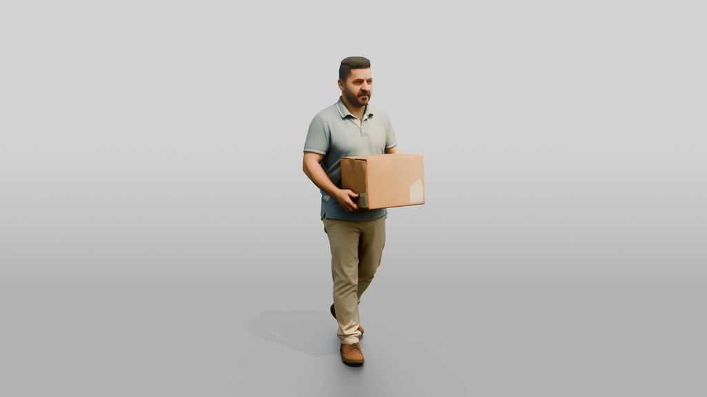 Stocky Middle-Aged Syrian Man Carrying a Cardboard Box