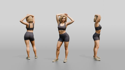 Blonde Woman in Charcoal Activewear Adjusting Her Hair - 3D character model