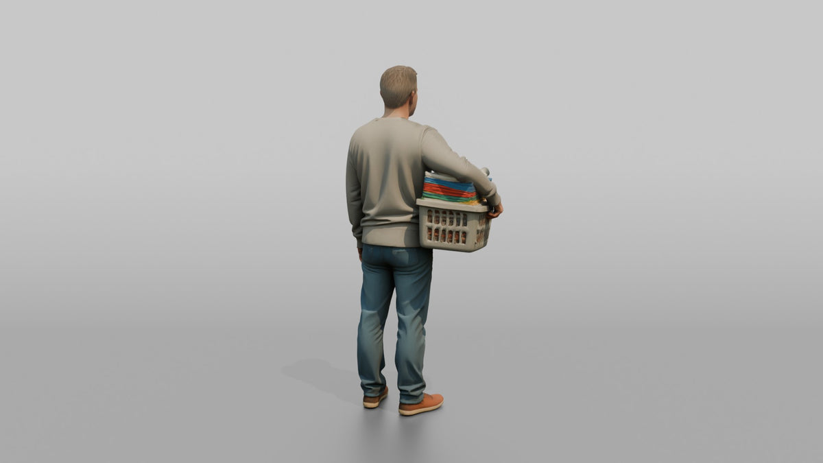 Father Carrying A Laundry Basket Full Of Folded Clothes On One Hip - 3D character model, view 3