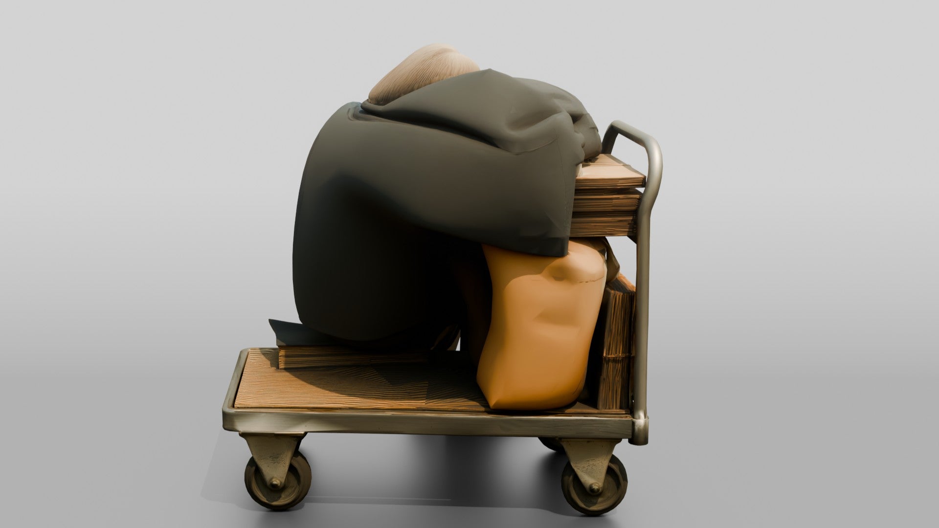 Homeless Woman Sleeping Resting Against a Stacked Cart