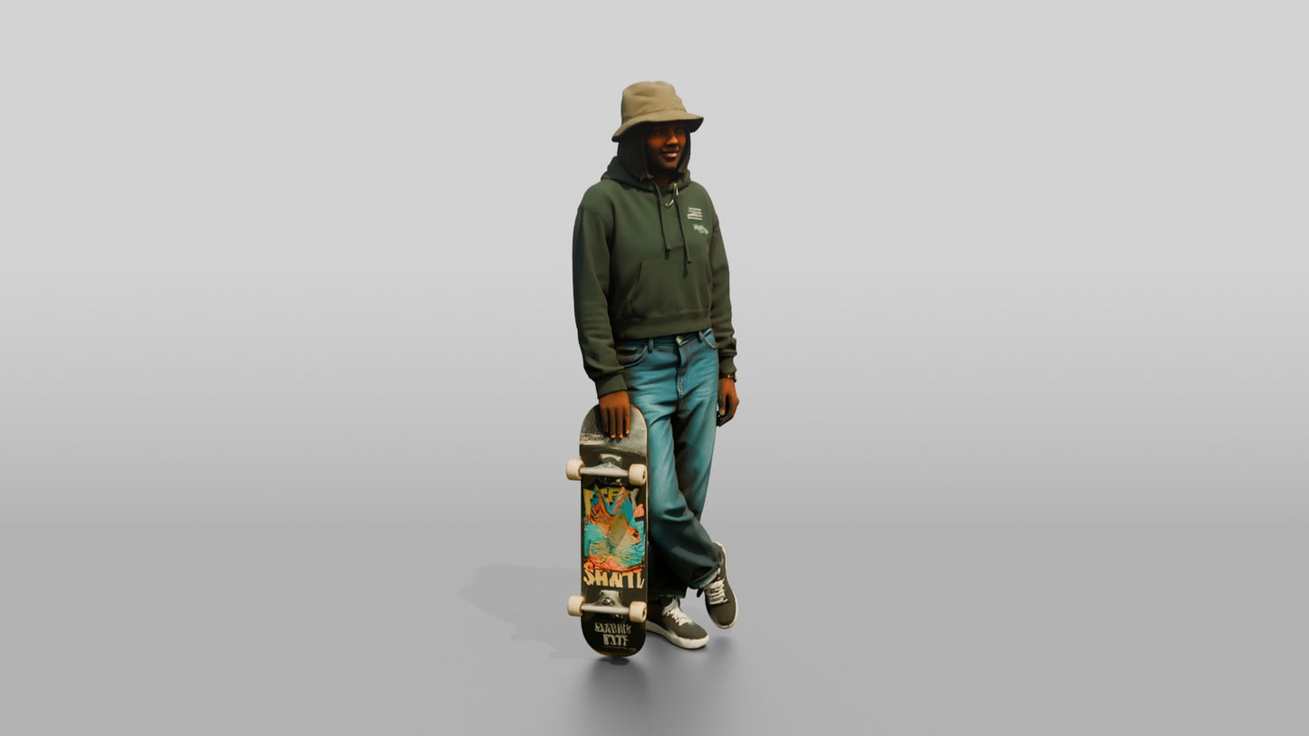 Skater Woman in Bucket Hat with Skateboard
