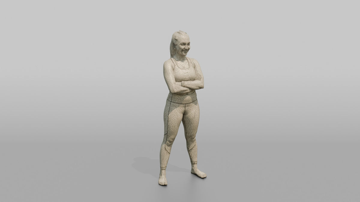 Physique Model Woman Standing With Arms Crossed, Confident Post-workout Stance - wireframe topology preview