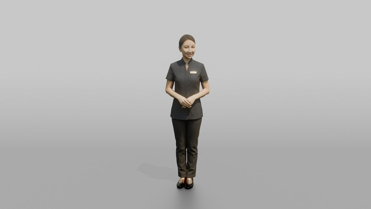 Spa Receptionist Woman Standing With Hands Folded, Welcoming Posture - 3D character model, view 5