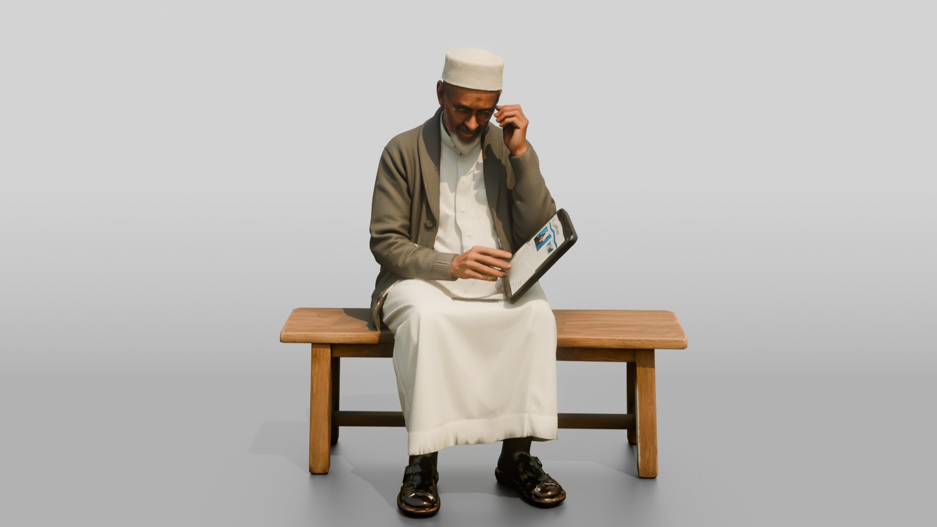 Elderly African Man Reading a Tablet on a Bench