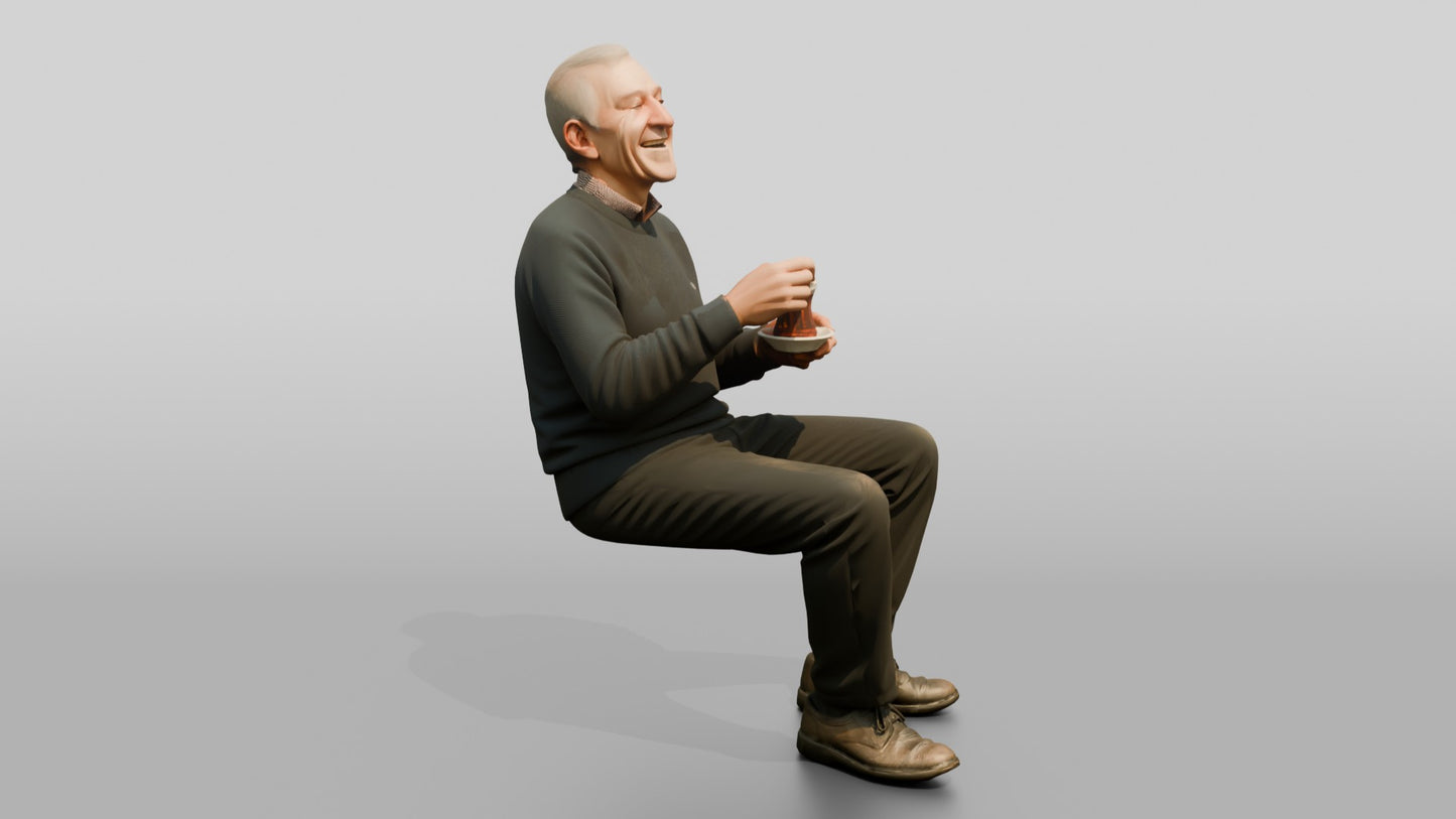 Elderly Man Laughing with Tea Glass