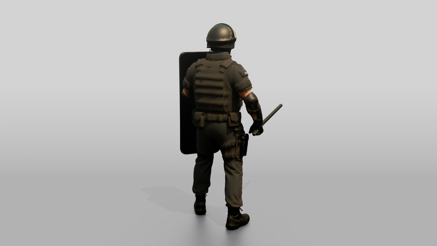 Riot Police Officer Holding Baton and Shield