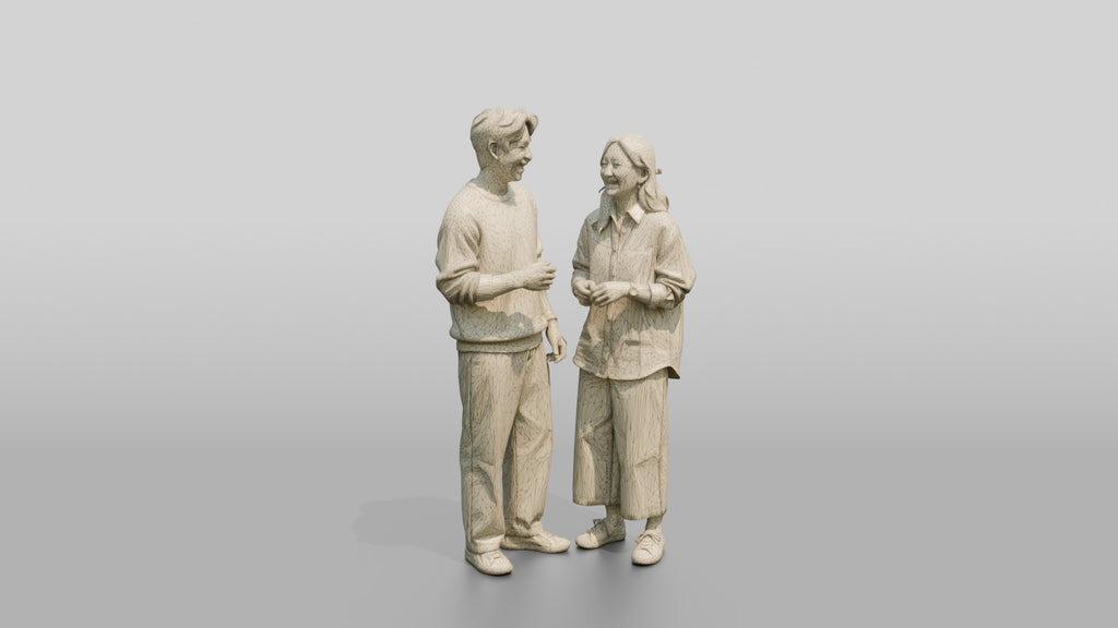 Laughing Couple in Coordinated Cream Outfits