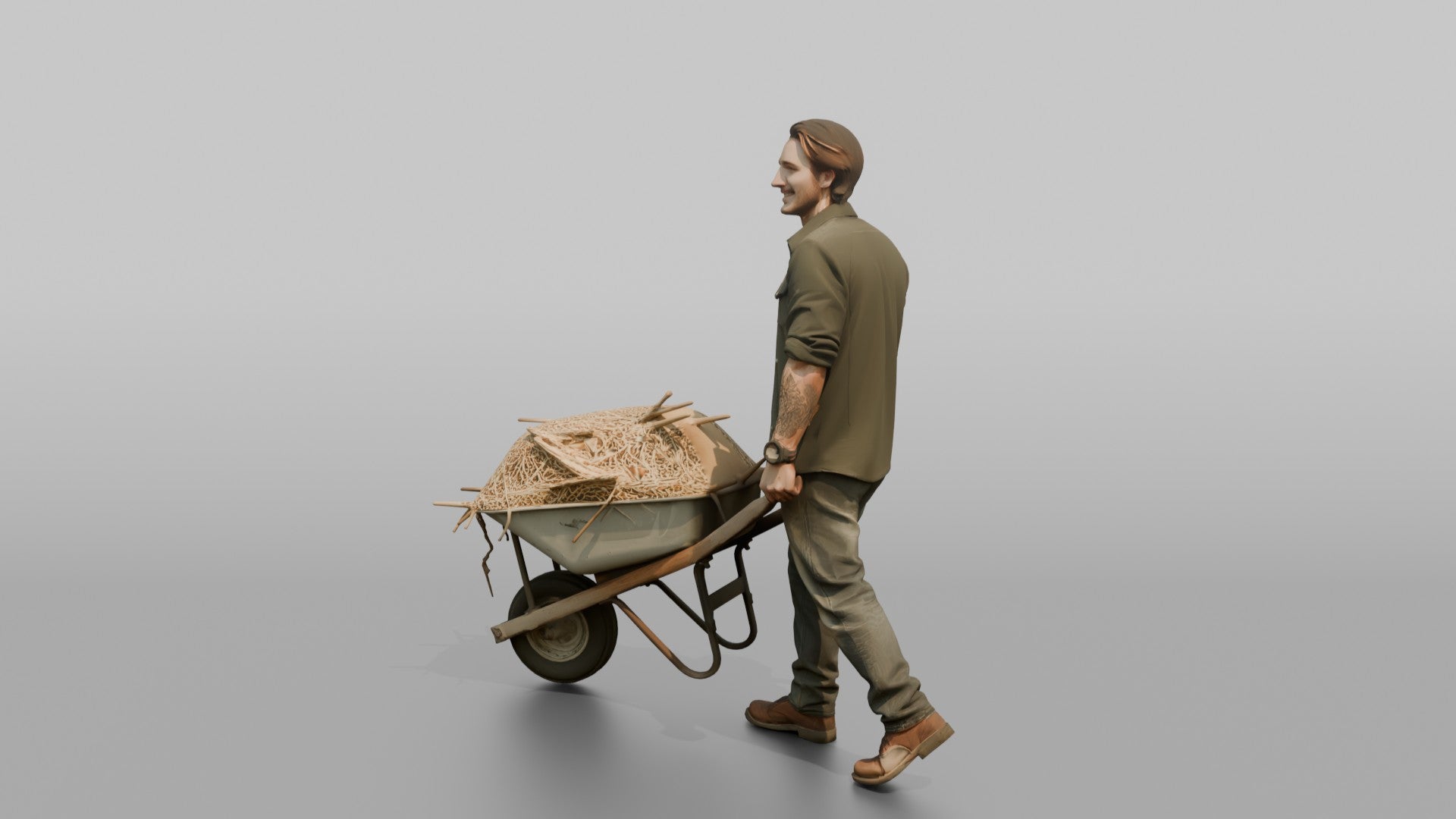 Farmer Pushing Wheelbarrow Overflowing Fresh Straw