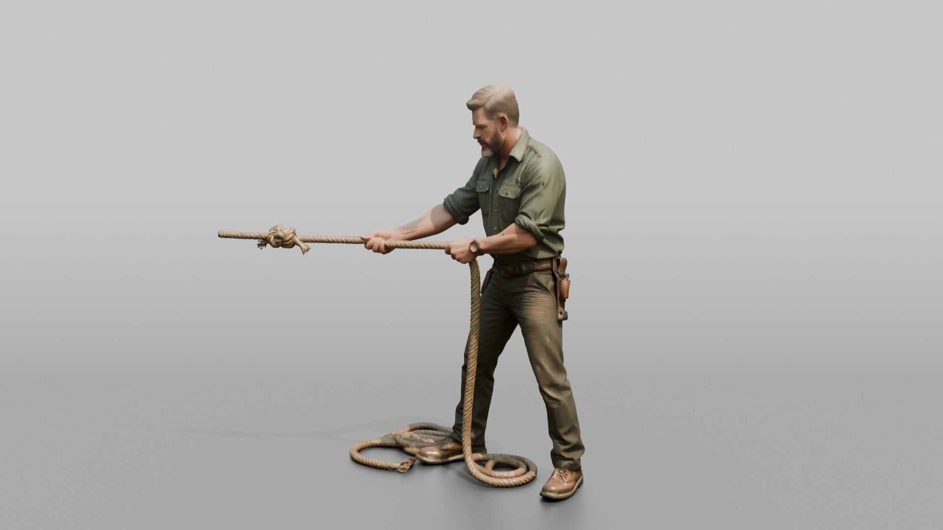 Farmer Tying Heavy Canvas Rope Around Flatbed