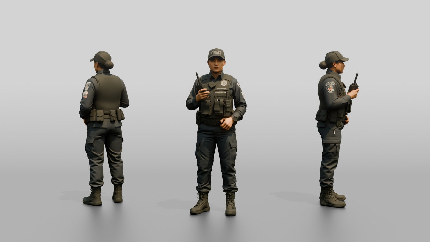 Latina Female Guard in a Dark Blue Tactical Guard Uniform