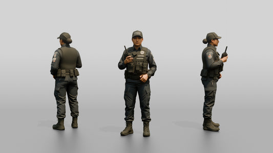 Latina Female Guard in a Dark Blue Tactical Guard Uniform