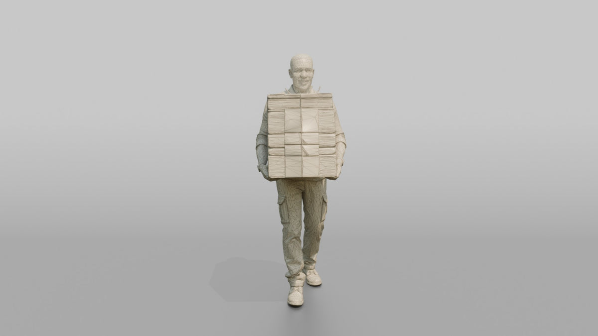 Father Carrying A Stack Of Flattened Moving Boxes - wireframe topology preview