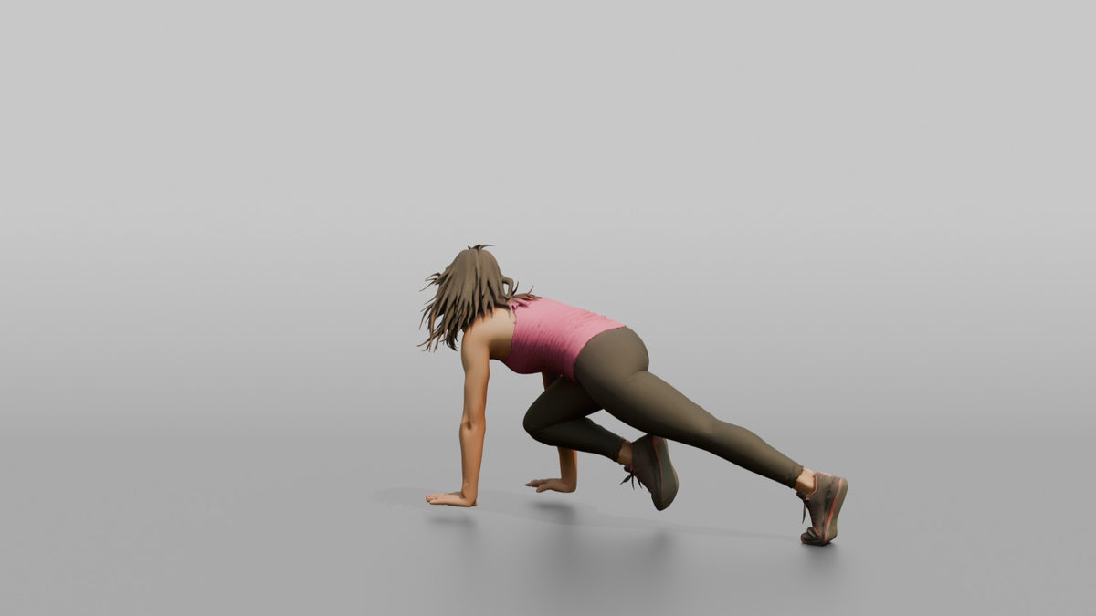 Bodyweight Athlete Woman In A Mountain-climber Position - 3D character model, view 3