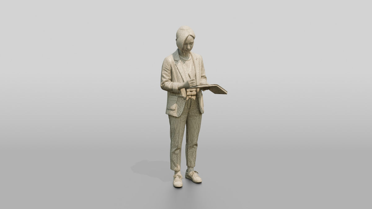 Chinese Woman in Blazer Writing in Notebook - wireframe topology preview