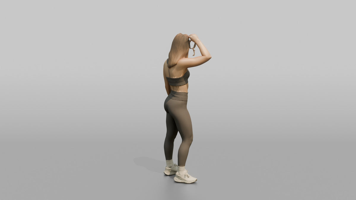 Fitness Influencer Woman Standing With One Hand Adjusting A High Ponytail - 3D character model, view 3