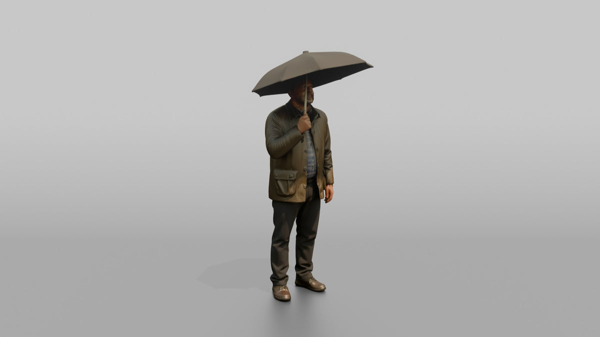 Father Holding An Umbrella Overhead, Looking Up At The Sky - 3D character model, view 2