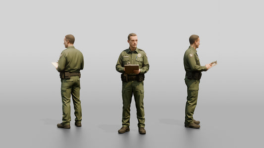 Caucasian Male Guard in a Dark Green Tactical Uniform