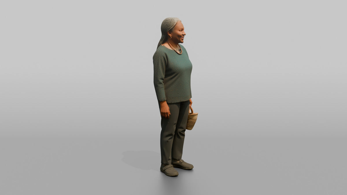 Woman Customer Carrying A Small Woven Basket - 3D character model, view 2