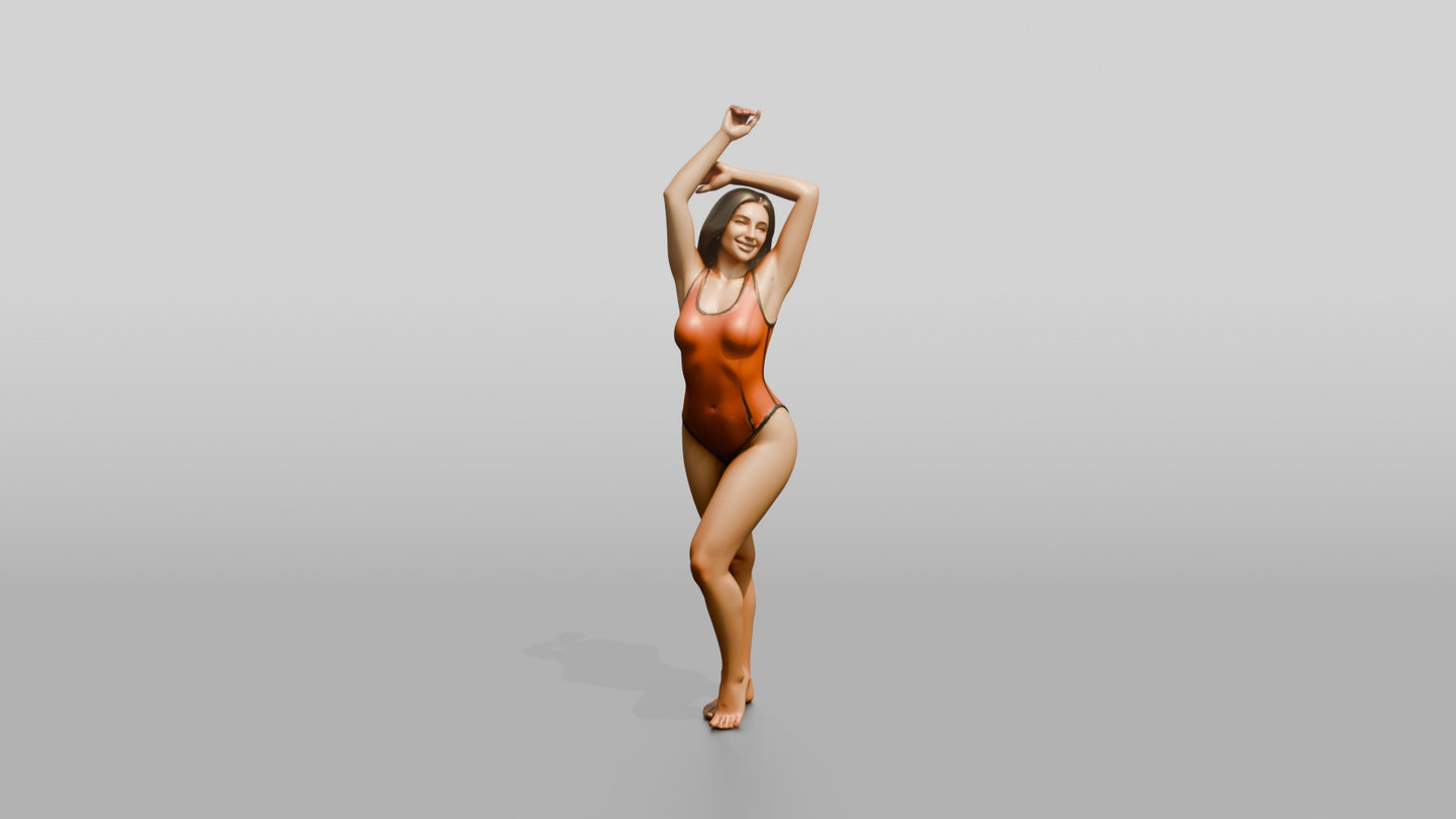 Curvy Woman in Coral One-Piece Swimsuit Arm Raised