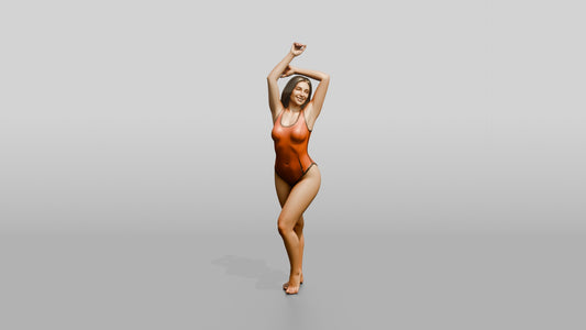 Curvy Woman in Coral One-Piece Swimsuit Arm Raised - 3D character model, view 1