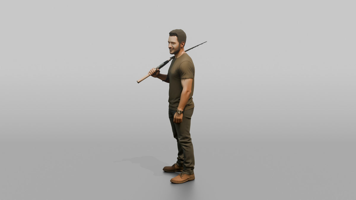 Father Holding A Fishing Rod Propped Over One Shoulder - 3D character model, view 4