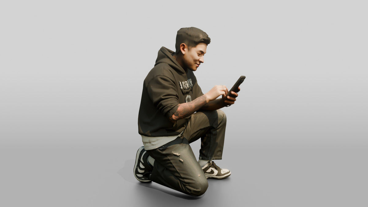 Asian Man Crouched Texting on Phone - 3D character model, view 1